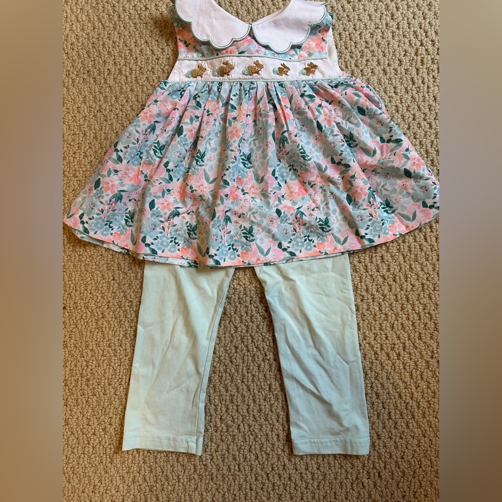 Busy Bees smocks - Easter Floral Pink and Green top with Leggings